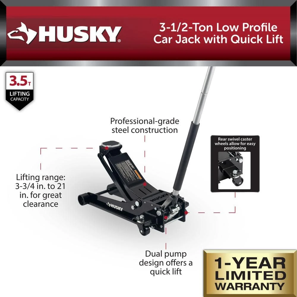 Husky 3-1/2-Ton Low Profile Floor Jack With Quick Lift 2 Husky 3-1/2-Ton Low Profile Floor Jack With Quick Lift - Image 2