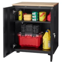 Husky Heavy Duty Welded 20-Gauge Steel 2-Door Garage Base Cabinet In Black (28 In. W X 32 In. H X 21.5 In. D) -Husky Shop black husky free standing cabinets htc1000001 77 1000