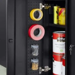 Husky Heavy Duty Welded 20-Gauge Steel 2-Door Garage Base Cabinet In Black (28 In. W X 32 In. H X 21.5 In. D) -Husky Shop black husky free standing cabinets htc1000001 c3 1000