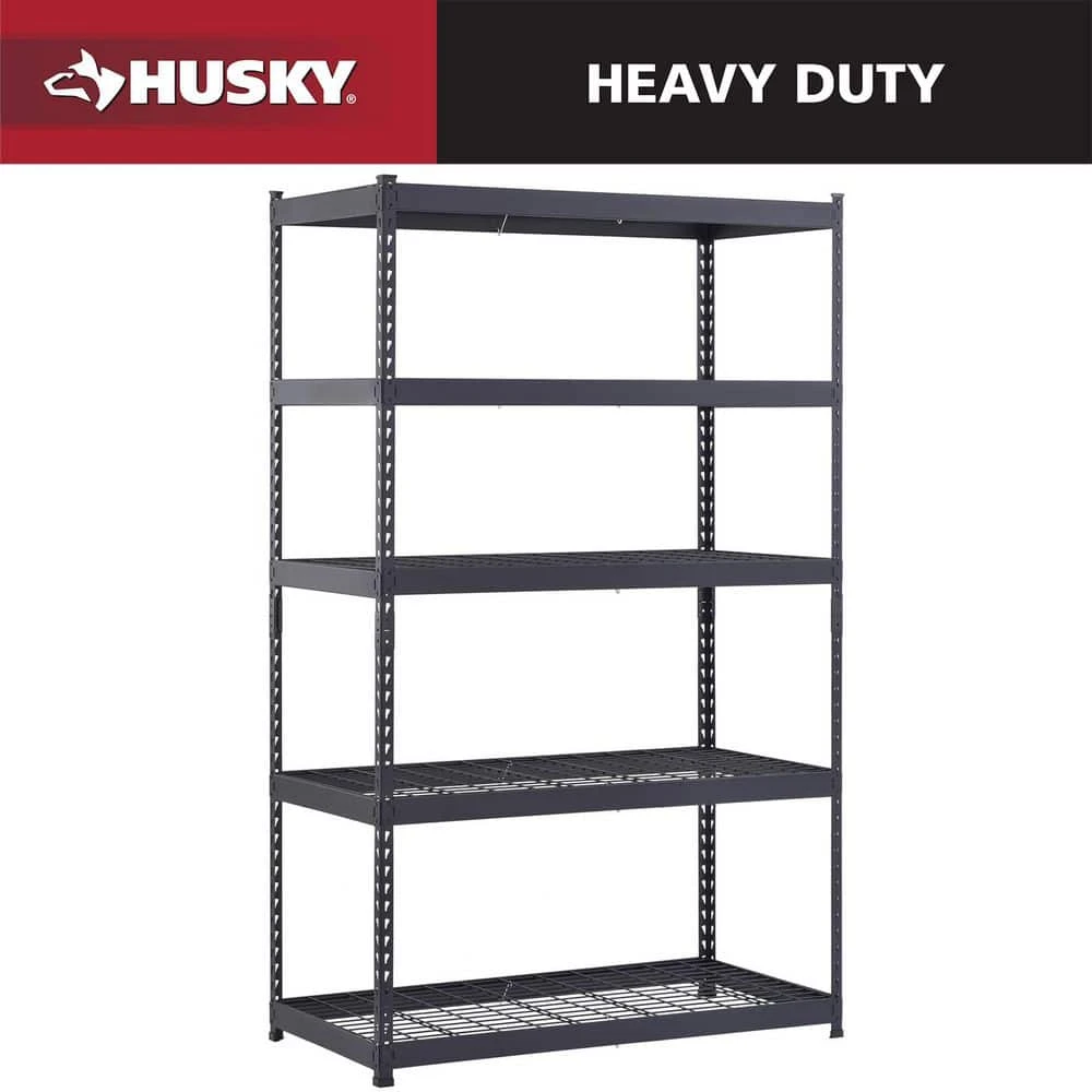 Husky 5-Tier Heavy Duty Boltless Steel Garage Storage Shelving Unit In Black (48 In. W X 78 In. H X 24 In. D) 1 Husky 5-Tier Heavy Duty Boltless Steel Garage Storage Shelving Unit In Black (48 In. W X 78 In. H X 24 In. D)