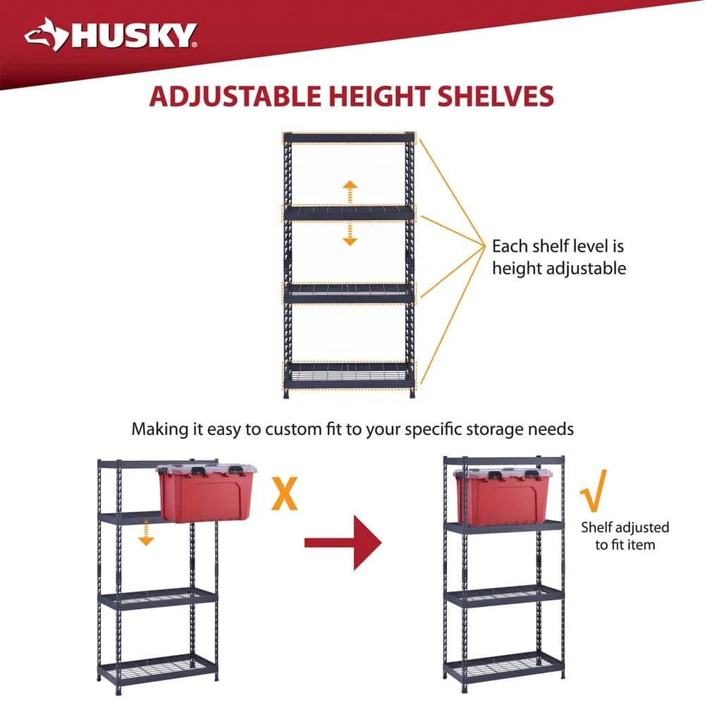 Husky 4-Shelf Metal Heavy-Duty Adjustable Garage Storage Shelving Unit In Black (36 In. W X 72 In. H X 18 In. D) 6 Husky 4-Shelf Metal Heavy-Duty Adjustable Garage Storage Shelving Unit In Black (36 In. W X 72 In. H X 18 In. D) - Image 6