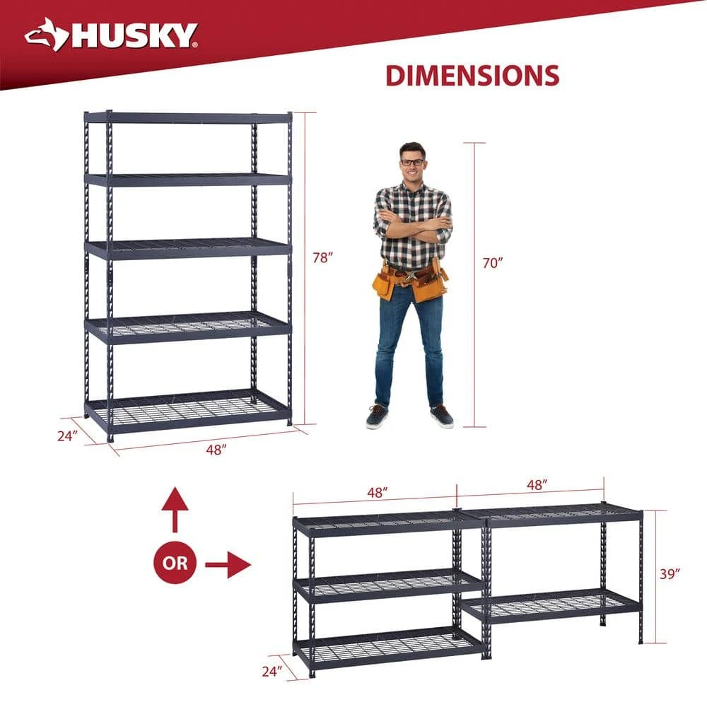 Husky 5-Shelf Metal Heavy-Duty Adjustable Garage Storage Shelving Unit In Black (48 In. W X 78 In. H X 24 In. D) 5 Husky 5-Shelf Metal Heavy-Duty Adjustable Garage Storage Shelving Unit In Black (48 In. W X 78 In. H X 24 In. D) - Image 5