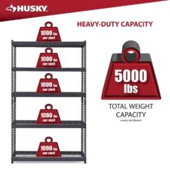 Husky 5-Shelf Metal Heavy-Duty Adjustable Garage Storage Shelving Unit In Black (48 In. W X 78 In. H X 24 In. D) 18 Husky 5-Shelf Metal Heavy-Duty Adjustable Garage Storage Shelving Unit In Black (48 In. W X 78 In. H X 24 In. D) -Husky Shop black husky freestanding shelving units n3r482478w5b 66 1000