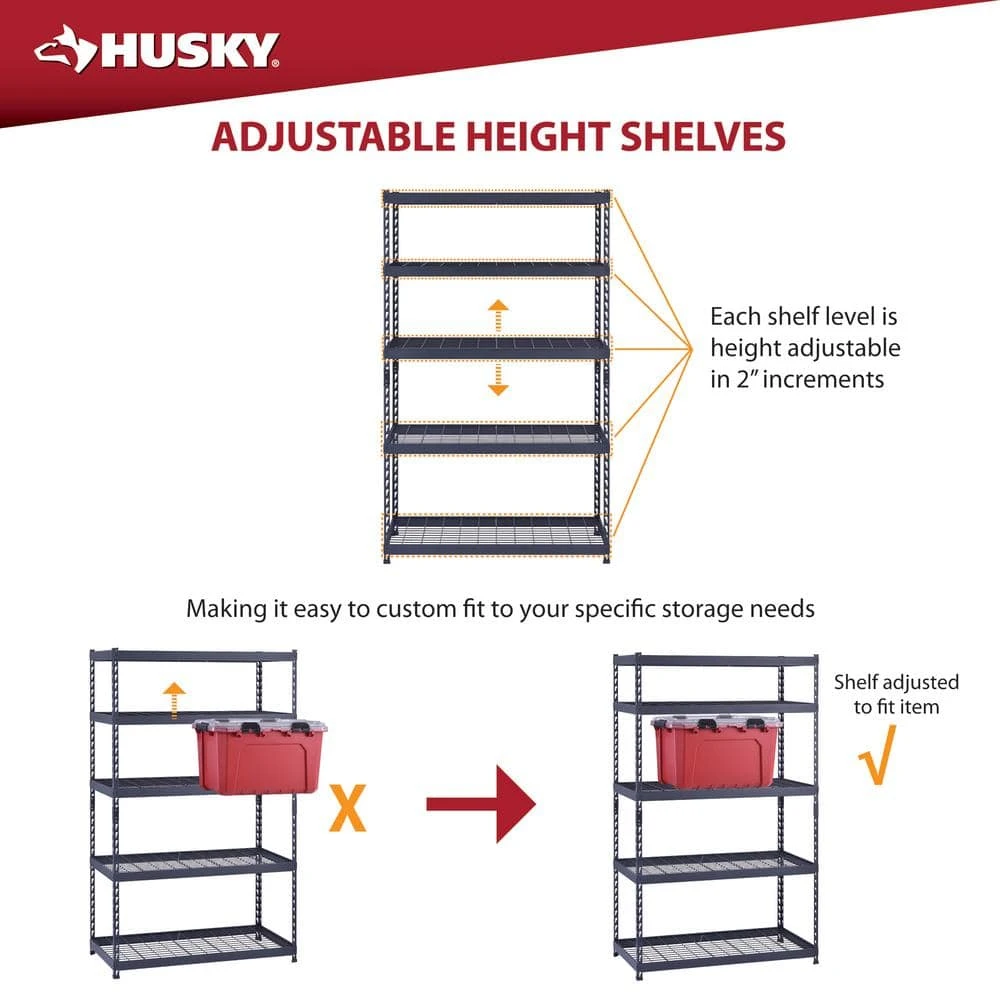 Husky 5-Shelf Metal Heavy-Duty Adjustable Garage Storage Shelving Unit In Black (48 In. W X 78 In. H X 24 In. D) 7 Husky 5-Shelf Metal Heavy-Duty Adjustable Garage Storage Shelving Unit In Black (48 In. W X 78 In. H X 24 In. D) - Image 7