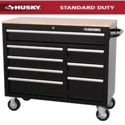 Husky 42 In. W X 18.1 In. D 8-Drawer Black Mobile Workbench Cabinet With Solid Wood Top