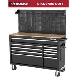 Husky Modular Tool Storage 52 In. W Standard Duty Black Mobile Workbench Cabinet With Pegboard