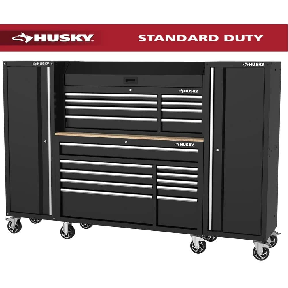 Husky Modular Tool Storage 92 In. W Standard Duty Black Mobile Workbench With 52 In. Top Tool Chest And (2) 20 In Side Lockers 1 Husky Modular Tool Storage 92 In. W Standard Duty Black Mobile Workbench With 52 In. Top Tool Chest And (2) 20 In Side Lockers