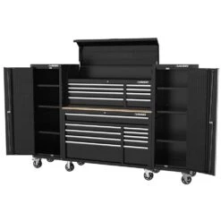 Husky Modular Tool Storage 92 In. W Standard Duty Black Mobile Workbench With 52 In. Top Tool Chest And (2) 20 In Side Lockers 20 Husky Modular Tool Storage 92 In. W Standard Duty Black Mobile Workbench With 52 In. Top Tool Chest And (2) 20 In Side Lockers -Husky Shop black husky mobile workbenches h52modsuite4 77 1000