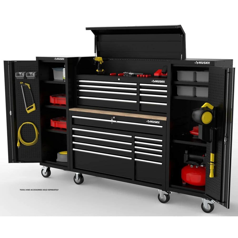 Husky Modular Tool Storage 92 In. W Standard Duty Black Mobile Workbench With 52 In. Top Tool Chest And (2) 20 In Side Lockers 2 Husky Modular Tool Storage 92 In. W Standard Duty Black Mobile Workbench With 52 In. Top Tool Chest And (2) 20 In Side Lockers - Image 2