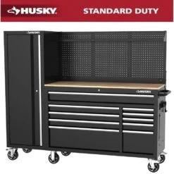 Husky Modular Tool Storage 72 In. W Standard Duty Black Mobile Workbench Cabinet With Pegboard And 20 In. Side Locker