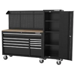 Husky Modular Tool Storage 72 In. W Standard Duty Black Mobile Workbench Cabinet With Pegboard And 20 In. Side Locker -Husky Shop black husky mobile workbenches h52modsuite5 77 1000