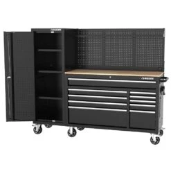 Husky Modular Tool Storage 72 In. W Standard Duty Black Mobile Workbench Cabinet With Pegboard And 20 In. Side Locker -Husky Shop black husky mobile workbenches h52modsuite5 a0 1000