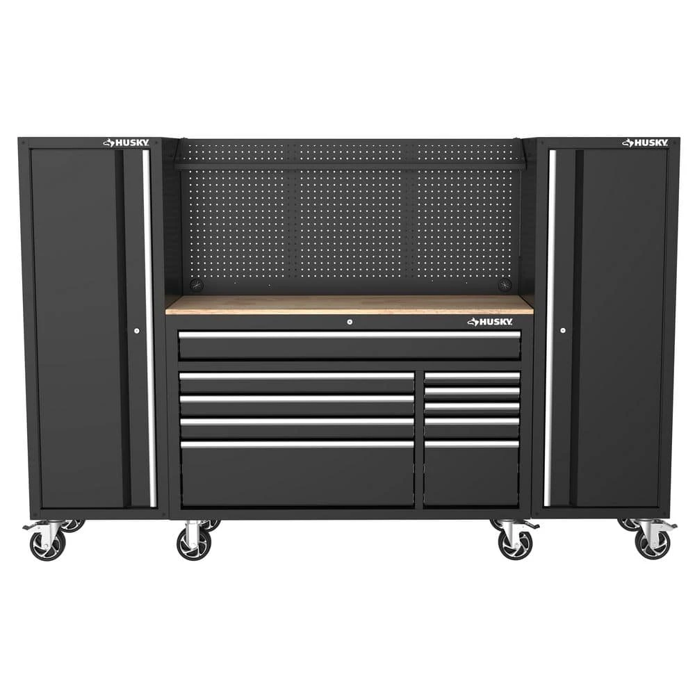 Husky Modular Tool Storage 92 In. W Standard Duty Black Mobile Workbench Cabinet With Pegboard And (2) 20 In. Side Lockers 3 Husky Modular Tool Storage 92 In. W Standard Duty Black Mobile Workbench Cabinet With Pegboard And (2) 20 In. Side Lockers - Image 3