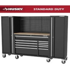 Husky Modular Tool Storage 92 In. W Standard Duty Black Mobile Workbench Cabinet With Pegboard And (2) 20 In. Side Lockers