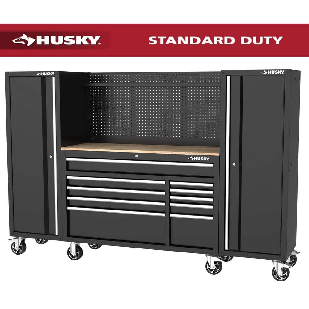 Husky Modular Tool Storage 92 In. W Standard Duty Black Mobile Workbench Cabinet With Pegboard And (2) 20 In. Side Lockers 1 Husky Modular Tool Storage 92 In. W Standard Duty Black Mobile Workbench Cabinet With Pegboard And (2) 20 In. Side Lockers