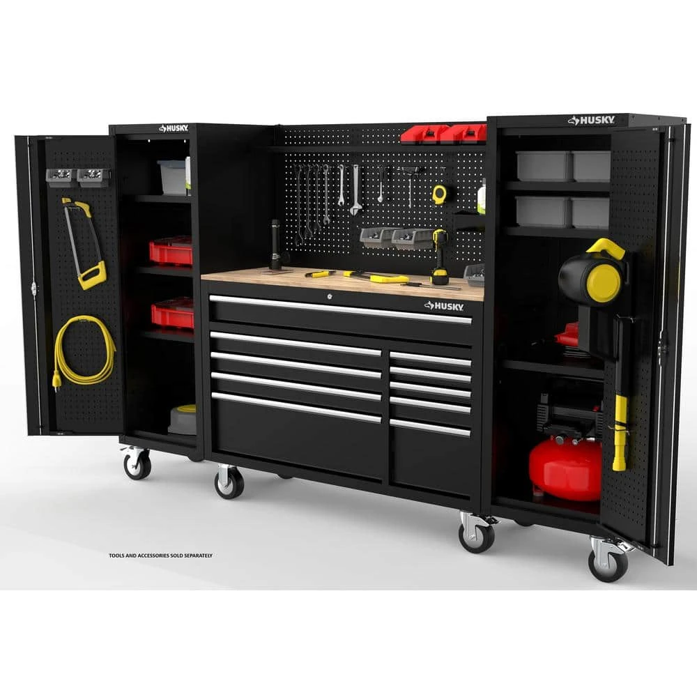 Husky Modular Tool Storage 92 In. W Standard Duty Black Mobile Workbench Cabinet With Pegboard And (2) 20 In. Side Lockers 2 Husky Modular Tool Storage 92 In. W Standard Duty Black Mobile Workbench Cabinet With Pegboard And (2) 20 In. Side Lockers - Image 2