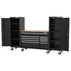 Husky Modular Tool Storage 92 In. W Standard Duty Black Mobile Workbench Cabinet With (2) 20 In. Side Lockers -Husky Shop black husky mobile workbenches h52modsuite8 a0 1000