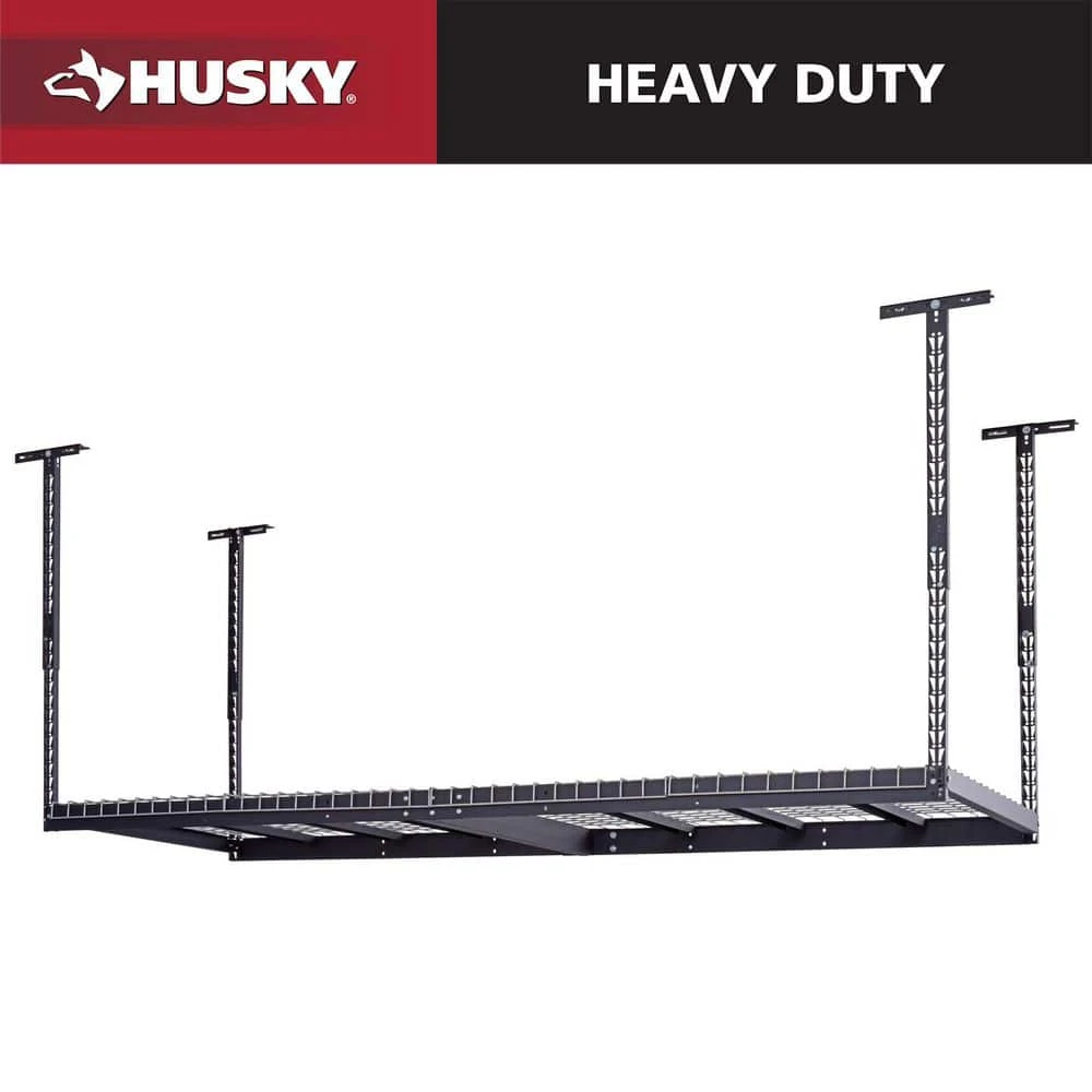 Husky 97.5 In. W X 43.75 In. H X 32 In. D Adjustable Height Metal Heavy-Duty Overhead Garage Storage Rack In Black 1 Husky 97.5 In. W X 43.75 In. H X 32 In. D Adjustable Height Metal Heavy-Duty Overhead Garage Storage Rack In Black