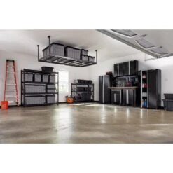 Husky 97.5 In. W X 43.75 In. H X 48 In. D Adjustable Height Metal Heavy-Duty Overhead Garage Storage Rack In Black -Husky Shop black husky overhead garage storage acr4896b 77 1000