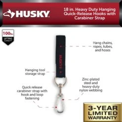 Husky 18 In. Heavy Duty Hanging Quick-Release Hooks With Carabiner Strap -Husky Shop black husky tool bags hd00138 th e1 1000