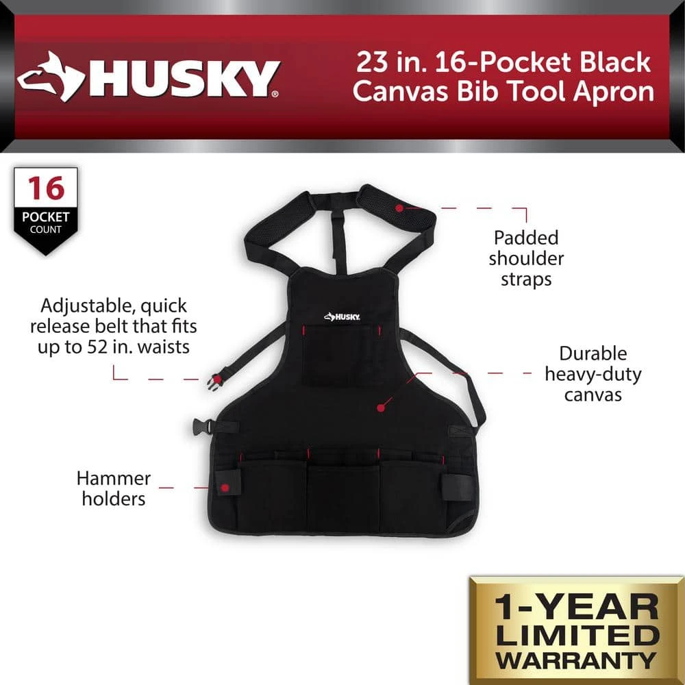 Husky 23 In. 16-Pocket Black Canvas Bib Tool Work Apron 2 Husky 23 In. 16-Pocket Black Canvas Bib Tool Work Apron - Image 2