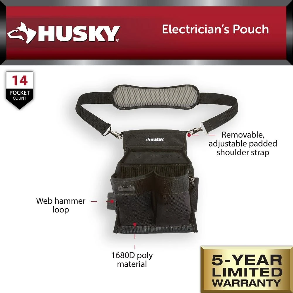 Husky Heavy-Duty 14-Pocket Electrician's Tool Belt Pouch In Black 2 Husky Heavy-Duty 14-Pocket Electrician's Tool Belt Pouch In Black - Image 2
