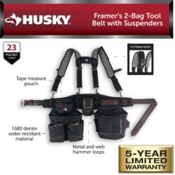 Husky Framers 2-Bag Work Tool Belt With Suspenders -Husky Shop black husky tool belts hd00173 e1 1000