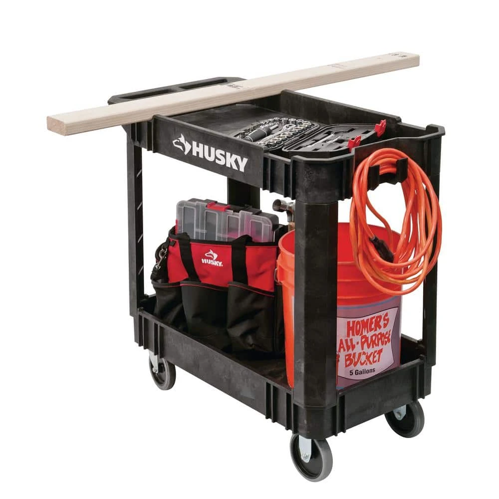 Husky 2-Tier Plastic 4-Wheeled Service Cart In Black 2 Husky 2-Tier Plastic 4-Wheeled Service Cart In Black - Image 2