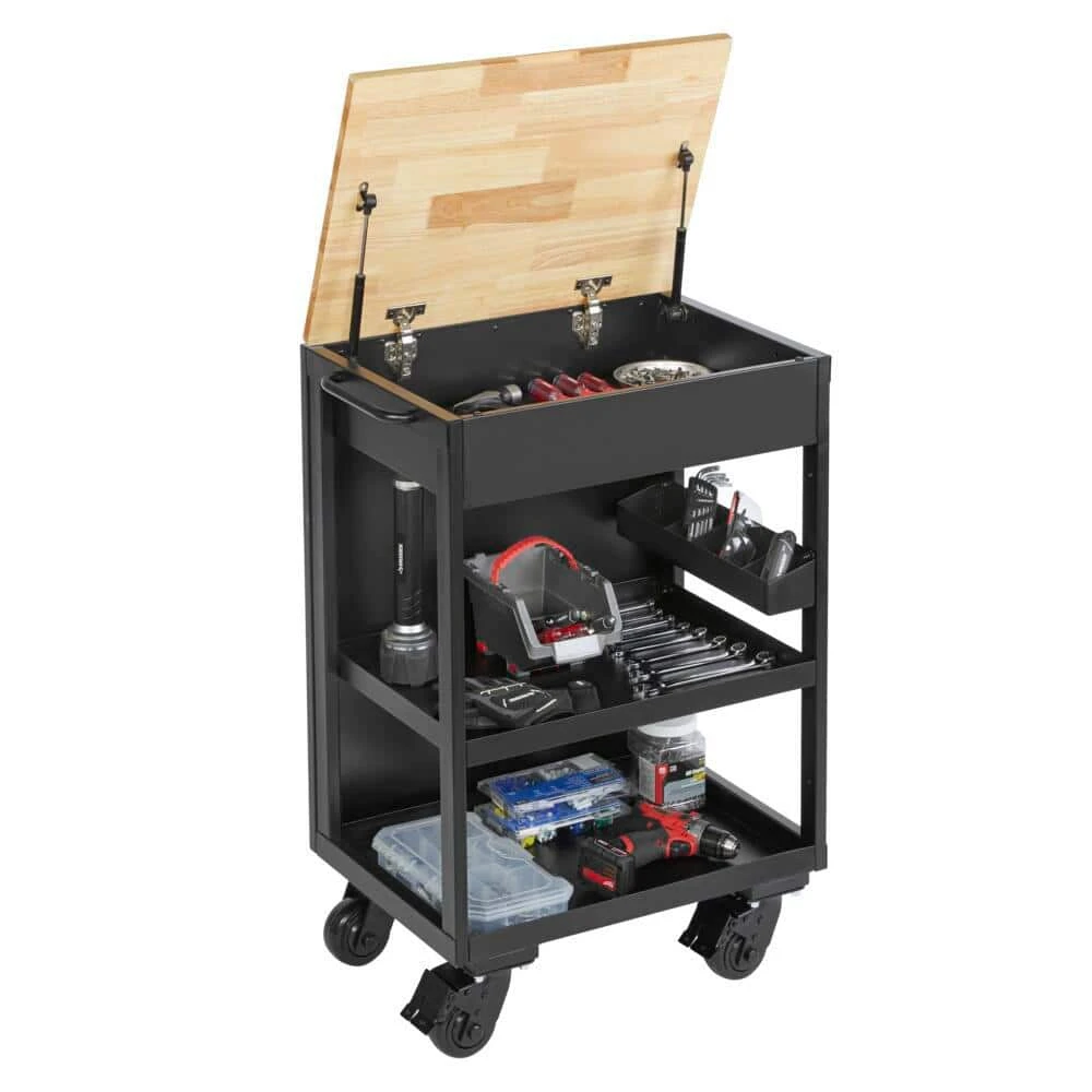 Husky Heavy Duty Welded Utility Cart With Wooden Top In Black (24.25 In. W X 37.5 In. H X 17.5 In. D) 4 Husky Heavy Duty Welded Utility Cart With Wooden Top In Black (24.25 In. W X 37.5 In. H X 17.5 In. D) - Image 4