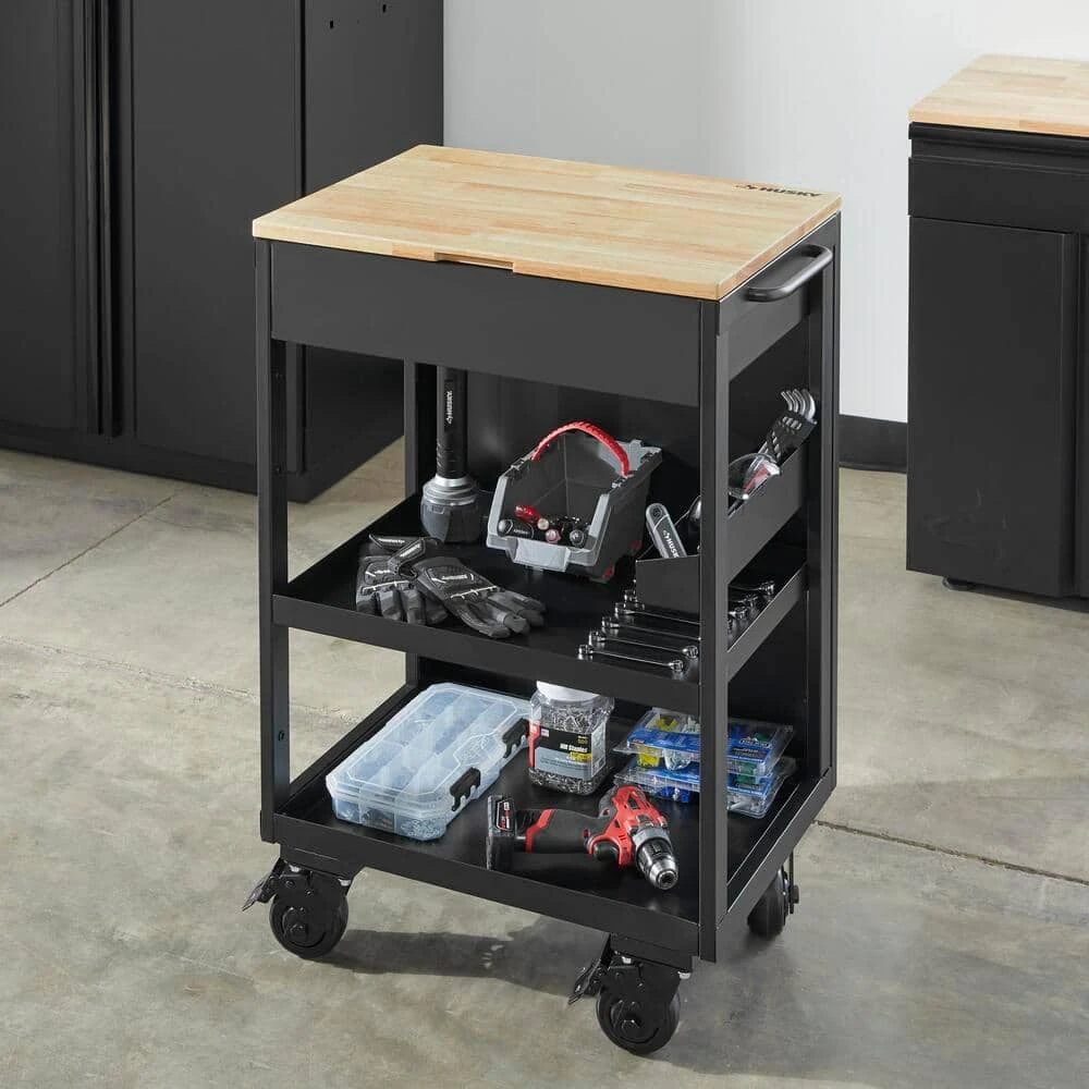 Husky Heavy Duty Welded Utility Cart With Wooden Top In Black (24.25 In. W X 37.5 In. H X 17.5 In. D) 3 Husky Heavy Duty Welded Utility Cart With Wooden Top In Black (24.25 In. W X 37.5 In. H X 17.5 In. D) - Image 3