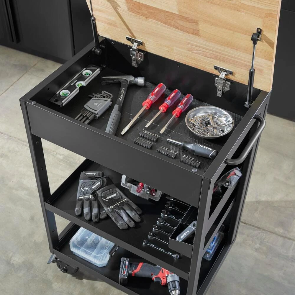 Husky Heavy Duty Welded Utility Cart With Wooden Top In Black (24.25 In. W X 37.5 In. H X 17.5 In. D) 2 Husky Heavy Duty Welded Utility Cart With Wooden Top In Black (24.25 In. W X 37.5 In. H X 17.5 In. D) - Image 2