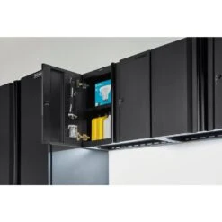 Husky Heavy Duty Welded 20-Gauge Steel Wall Mounted Garage Cabinet In Black (28 In. W X 22 In. H X 14 In. D) -Husky Shop black husky wall mounted cabinets htc1000010 40 1000