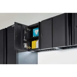 Husky Heavy Duty Welded 20-Gauge Steel Wall Mounted Garage Cabinet In Black (28 In. W X 22 In. H X 14 In. D) -Husky Shop black husky wall mounted cabinets htc1000010 e1 1000