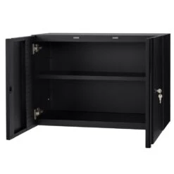 Husky Extra Wide Heavy Duty Welded 20-Gauge Steel Wall Mounted Garage Cabinet In Black (32 In. W X 22 In. H X 14 In. D) 14 Husky Extra Wide Heavy Duty Welded 20-Gauge Steel Wall Mounted Garage Cabinet In Black (32 In. W X 22 In. H X 14 In. D) -Husky Shop black husky wall mounted cabinets htc1000010 ex 1d 1000