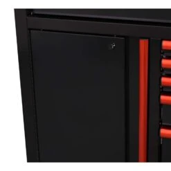 Husky Limited Edition 61 In. W X 23 In. D 11-Drawer Black Mobile Workbench Cabinet With Solid Wood Top And Red Trim -Husky Shop black mobile workbenches h61mwc11bkred 4f 1000