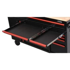 Husky Limited Edition 61 In. W X 23 In. D 11-Drawer Black Mobile Workbench Cabinet With Solid Wood Top And Red Trim -Husky Shop black mobile workbenches h61mwc11bkred 66 1000