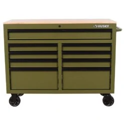 Husky 46 In. W X 18.1 In. D 9-Drawer Army Green Mobile Workbench Cabinet With Solid Wood Top -Husky Shop gloss army green husky mobile workbenches h46x18mwc9army m 1d 1000