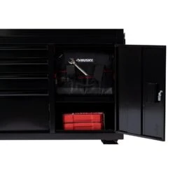 Husky 56 In. W X 24.5 In. D Deep 5-Drawer 1-Door Gloss Black Deep Tool Chest Mobile Workbench With Hardwood Top -Husky Shop gloss black husky mobile workbenches h56mwc5gbkxd tl fa 1000