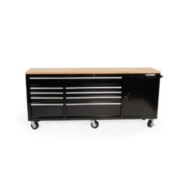 Husky 84 In. W X 18 In. D 9-Drawer Mobile Workbench With Wood Top In Gloss Black -Husky Shop gloss black husky mobile workbenches hotc8409b11m 1f 1000