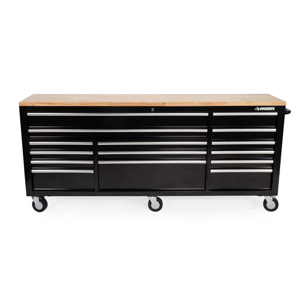 Husky 84 In. W 18 In. D 15-Drawer Mobile Workbench With Wood Top In Gloss Black 10 Husky 84 In. W 18 In. D 15-Drawer Mobile Workbench With Wood Top In Gloss Black - Image 10