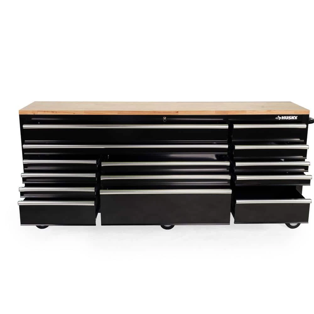 Husky 84 In. W 18 In. D 15-Drawer Mobile Workbench With Wood Top In Gloss Black 11 Husky 84 In. W 18 In. D 15-Drawer Mobile Workbench With Wood Top In Gloss Black - Image 11