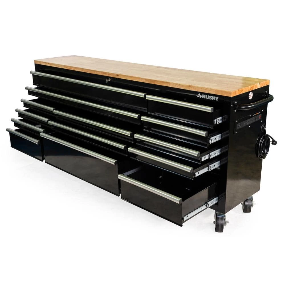 Husky 84 In. W 18 In. D 15-Drawer Mobile Workbench With Wood Top In Gloss Black 8 Husky 84 In. W 18 In. D 15-Drawer Mobile Workbench With Wood Top In Gloss Black - Image 8