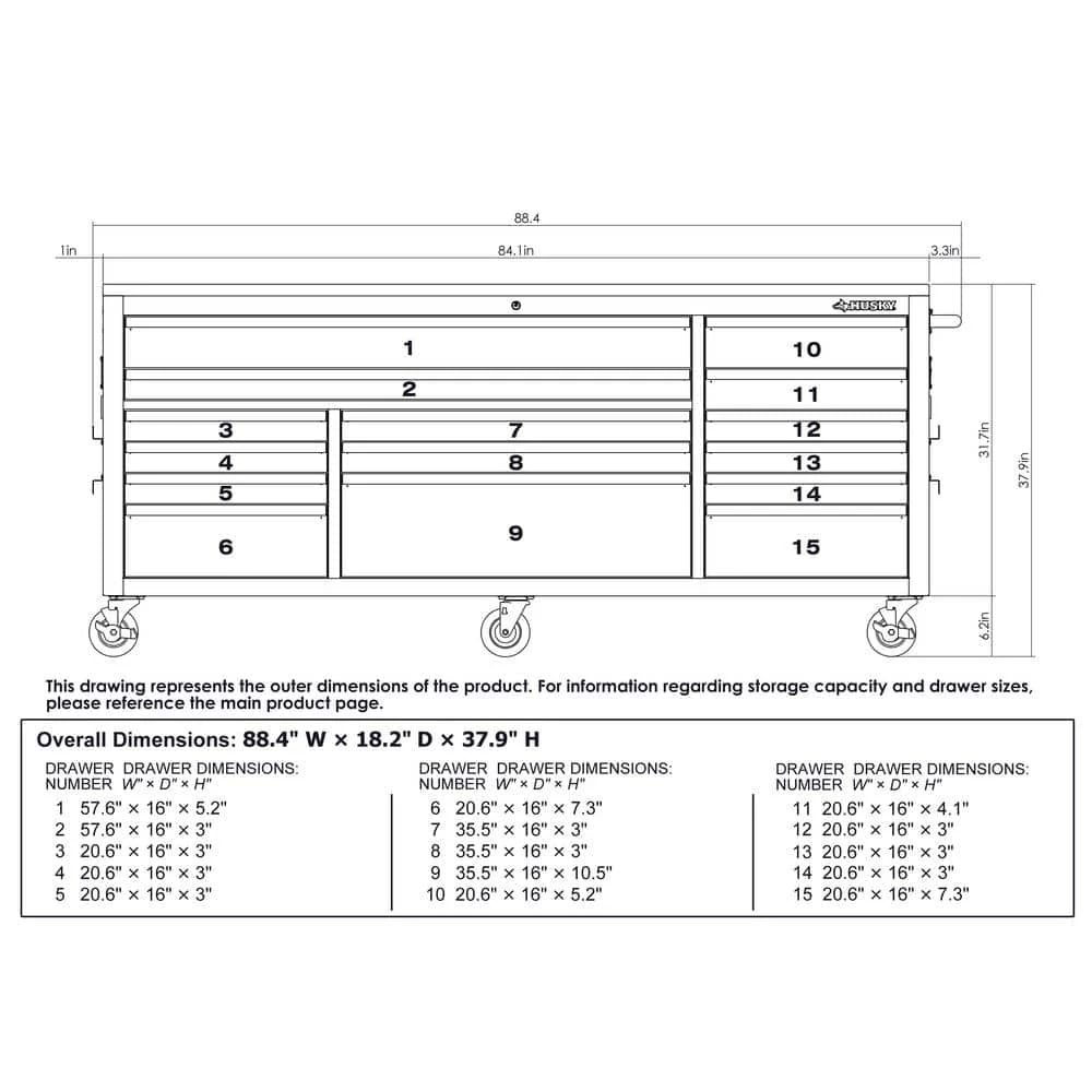 Husky 84 In. W 18 In. D 15-Drawer Mobile Workbench With Wood Top In Gloss Black 14 Husky 84 In. W 18 In. D 15-Drawer Mobile Workbench With Wood Top In Gloss Black - Image 14