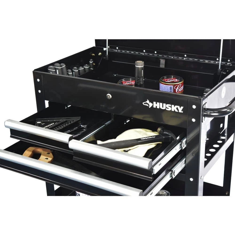 Husky 30 In. Wide By 20 In. Deep 3-Drawer Mechanics Tool Cart, Gloss Black 14 Husky 30 In. Wide By 20 In. Deep 3-Drawer Mechanics Tool Cart, Gloss Black - Image 14