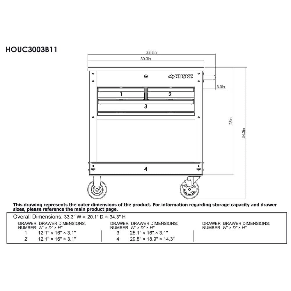 Husky 30 In. Wide By 20 In. Deep 3-Drawer Mechanics Tool Cart, Gloss Black 4 Husky 30 In. Wide By 20 In. Deep 3-Drawer Mechanics Tool Cart, Gloss Black - Image 4