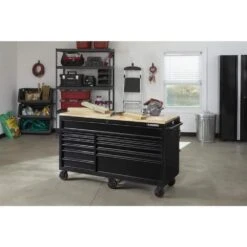 Husky 62 In. W X 36 In. D Standard Duty 12-Drawer Mobile Workbench Tool Chest With Full Length Extension Table In All Black -Husky Shop gloss black with black trim husky mobile workbenches hotc6212b11m 1d 1000