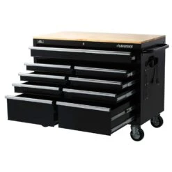 Husky 46 In. W X 24.5 In D Standard Duty 9-Drawer Mobile Workbench With Mechanics Tool Set (290-Piece) In EVA In Gloss Black -Husky Shop gloss black with silver trim husky mobile workbenches h290tb46blkcb 4f 1000