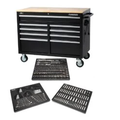 Husky 46 In. W X 24.5 In D Standard Duty 9-Drawer Mobile Workbench With Mechanics Tool Set (290-Piece) In EVA In Gloss Black