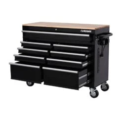 Husky 46 In. W X 18 In. D 9-Drawer Black Mobile Workbench Cabinet 18 Husky 46 In. W X 18 In. D 9-Drawer Black Mobile Workbench Cabinet -Husky Shop gloss black with silver trim husky mobile workbenches h46mwc9v18 c3 1000