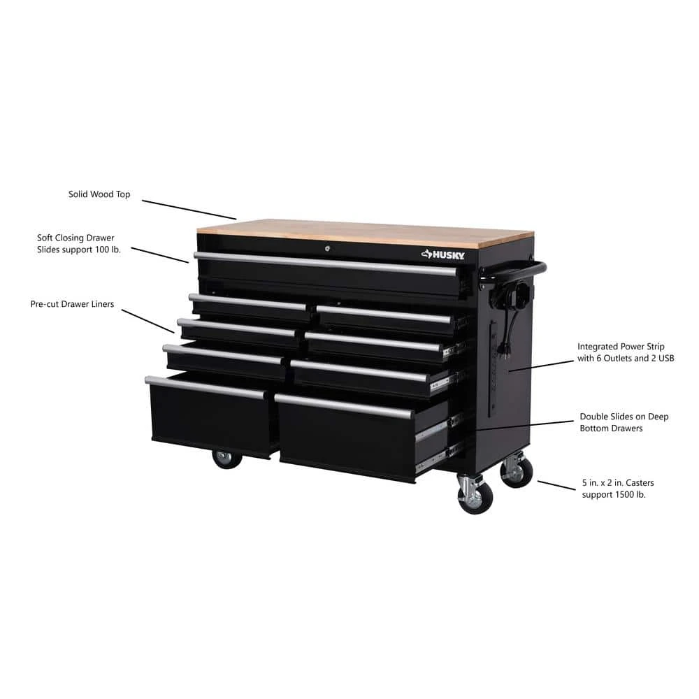 Husky 46 In. W X 18 In. D 9-Drawer Black Mobile Workbench Cabinet 12 Husky 46 In. W X 18 In. D 9-Drawer Black Mobile Workbench Cabinet - Image 12